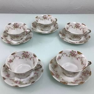 VTG Limoges Theodore Haviland Cup & Saucer Floral & Gold set of 5